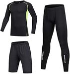 BUYKUD Kids' Boys 3PCS Long Sleeve Base Layer Compression Athletic Shirt Tights Top & Bottom Thermal Underwear Sports Set, Green/Reflective, 10-11 Years