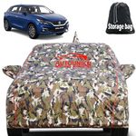 AUTOUNIKO Waterproof Car Body Cover for Maruti Suzuki Baleno with Mirror and Antenna Pocket and Soft Cotton Lining (Full Bottom Elastic Triple Stitched) (Jungle Print with Red Piping)