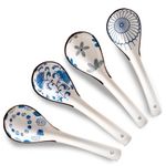 Fychuo Chinese Soup Spoons Set of 4 Ramen Spoon Soup Dumplings Spoons Ceramic Japanese Retro Style Asian Soup Spoon Blue and White 6 Inch