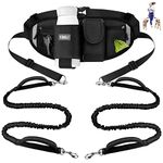 ETACCU Hands Free Dog Lead for 2 Dogs with Heavy-Duty Traffic Handle, Bungees Dual Dog Leads, Adjustable Waist Belt with Pouch, Reflective Stitches for Running Walking & Jogging (Black)