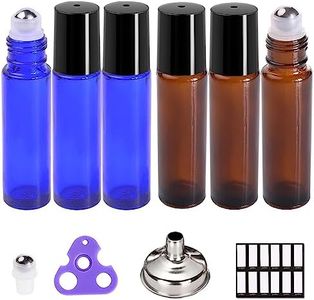 PrettyCare Roller Bottles For Oils 10 ml (Amber Glass and Blue Glass, 6 Pack, 1 Extra Stainless Steel Balls, 12 Labels, 1 Opener, 1 Funnels Essential Oil Roller Bottles, Roller on Bottles