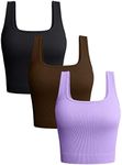 OQQ Women's 3 Piece Tank Tops Ribbed Seamless Workout Exercise Shirts Yoga Crop Tops Black Coffee Lavender