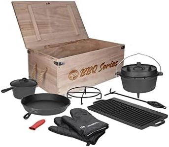 TP Premium Set BBQ en fonte, Four Néerlandais pré-assaisonné, 9 pièces avec Dutch Oven, poêle, rôtissoire, marmite, idéal pour camping, les grillades, cadeau dans une caisse en bois