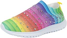 GOSPT Women's Mesh Walking Shoes Rhinestone Glitter Slip On Ballroom Jazz Latin Dance Sock Sneakers, Rainbow, 10.5