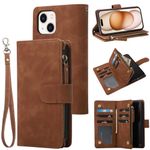 RANYOK Wallet Case for iPhone 15 Plus with Card Holder, Premium PU Leather with RFID Blocking Zipper Flip Folio Wallet Wrist Strap Kickstand Protective Case -6.7 Inch (Brown)