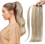 Full Shine Pony Extension Human Hair Magic Paste Ponytail Human Hair Brazilian Ponytail Human Hair Straight Hair Extensions Ash Blonde Highlights 14 Inch 70 Grams