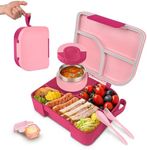 TinyPalsa Bento Box for Kids with 10oz Thermos, Durable Lunch Box with Leak Proof Insulated Food Jar, 3 Compartments with Portable Handle for Ages 3+, Dishwasher Safe, Ideal for School, Travel (Pink)