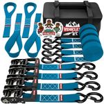 Vehiclex (4PK) Heavy Duty Ratchet Straps & Soft Loops - 1.5" x 8 ft Kit - 4400 lb Break Strength - Motorcycle & Powersports Tie-Downs (Blue) - A Sturdy Bonus Bag & 4 Hook-and-Loop Fasteners
