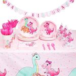 BLUE PANDA 195-Piece Pink Baby Girl Dinosaur Birthday Party Supplies with Plates, Napkins, Cups, Cutlery, Banner, Hats, Table Covers (Serves 24)