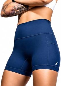 ShocSox Women’s Running Compression Shorts – 5" No-Ride-Up with Leg Grippers, Pockets, Quick-Dry, High-Rise Waist (US, Alpha, Small, Regular, Regular, Navy)