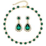 WOWORAMA Bridal Wedding Necklace Crystal Teardrop Dangle Earrings Simple Statement Necklace Jewelry Set Gold Green Bridal Jewelry Set for Wedding Emerald-Green Color Gold-Tone