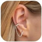 PATISORNA 925 Sterling Silver Chain Earrings for Women Double Piercing Dangle Chain Huggie Hoop Earrings Cubic Zirconia Stud Ear Cuff Earrings for Women