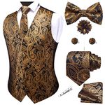 GUSLESON Men's V-Neck Suit Vests Formal Men Vest Paisley Jacquard Tie Waistcoat Bow tie Hanky Set Wedding 7PCS, Black Gold, Medium