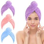 Jsdoin 3 Pack Hair Towel Wrap, Microfibre Wrap Hair Towel with Button Super Quick Absorbent Anti-Frizz Fast Dry Hair Caps Twist Turban for Girls and Women and Best for Long, Wet, Thick Hair