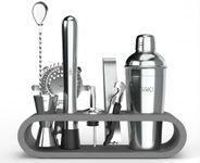 SAKI|10 Piece Bartender kit (Cocktail Shaker Gift Set with Gray Stand), Bartender Kit: Shaker, Spoon, Jigger, Muddler, Strainer, Wine & Beer Bottle Opener, Pour Spouts & Tongs (with Colour Box)