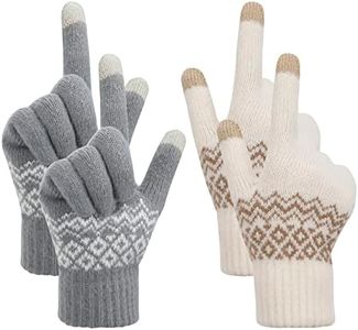 MengH-SHOP Women’s Touch Screen Gloves Stretch Knitted Warm Mitten Winter Thermal Ladies Gloves Smartphones Texting Gloves One Size 2 Pair (White and Grey)