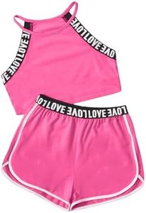 Milumia Girl's 2PCS Outfit Letter Tape Halter Cami Crop Top and Dolphin Shorts Set Hot Pink 11-12 Years