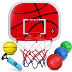 Mini Indoor Basketball Hoop Set for Kids, Play Over Door Basketball Hoop for Door with 4 Small Replacement Rubber Basketballs, ABS Backboard Metal Rim Goal Sport Party Activity Toys for Kids Adults