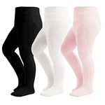 Baby Tights Toddler Cable Knit Leggings 3 Pack Cotton Seamless Stockings Pantyhose for Toddlers (Black+White+Pink, 12-24 Months)