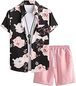 GORGLITTER Men's 2 Piece Outfits Floral Short Sleeve Button Down Shirt with Drawstring Waist Shorts Set Black and Pink Medium