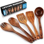 Zulay Kitchen Extra-Large 5-Piece Wooden Spoon Set for Cooking - Smooth Teak Wooden Utensils - Comfort-Grip Non-Stick Wooden Cooking Spoons - Large Wooden Turner, Spatula, Skimmer, Fork, Serving Spoon