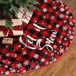 AVOIN colorlife Let It Snow Buffalo Plaid Christmas Tree Skirt, Xmas Winter Holiday Party Tree Mat Indoor Outdoor Decoration 48 Inch