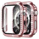 Anlinser Compatible with Apple Watch Case 44mm with Tempered Glass Screen Protector, Women Bling Crystal Diamond Hard Protective Cover Compatible for iWatch SE Series 6/5/4 (Pink)