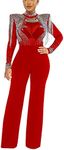 Molilove Women's Sexy Jumpsuit Elegant Long Sleeve Bodycon Sheer Mesh See Through Rhinestone Casual Loose Jumpsuits, 1-red, Large