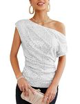 GRACE KARIN Dressy Ruched Sparkly Tops for Women 2023 Asymmetrical Off The Shoulder Sequin Top Shirt Girls Slimming Vegas Outfits Vacation Silver White M