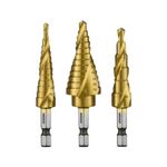 NEIKO 10181A Step Drill Bit Set, 3 Piece, Spiral Grooved for Faster Drilling, Step Bits for Stainless Steel, Metal, Wood, Plastic, Unibit Cone Drill Bits with 31 Step Sizes Total