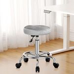 naspaluro Round Rolling Stool with Foot Rest Swivel Home Office Chair Height Adjustable Drafting Chair for Work Study Makeup Home Office Bedroom(Velvet Fabric, Grey)