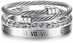 YADOCA 3Pcs Stainless Steel Bracelets for Men Roman Numeral Bangle Bracelet Adjustable Cuff Bracelet Twisted Cable Bracelet Mens Luxury Bracelets Jewelry Gifts Gold/Silver/Black