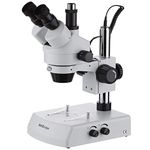 AmScope SM-2TYY Professional Trinocular Stereo Zoom Microscope, WH10x and WH20x Eyepieces, 7X-180X Magnification, 0.7X-4.5X Zoom Objective, Upper and Lower Halogen Lighting, Pillar Stand, 110V-120V, Includes 2.0X Barlow Lens