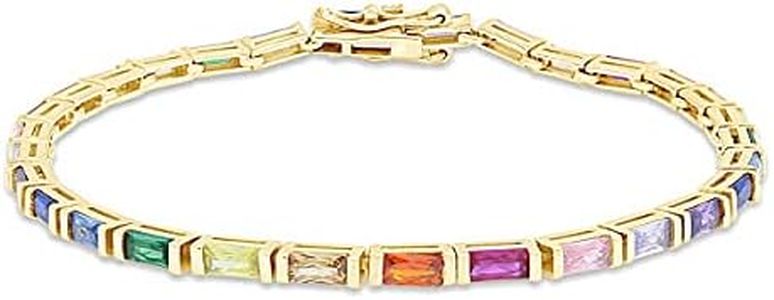 AFFY 14k Yellow Gold Plated 925 Sterling Silver Colourful Bar Setting Rainbow Baguette Sparkling Multi Color Sapphire Gemstone Tennis Bracelet, Jewelry for womens - 6.5" L