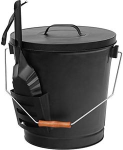 F2C 5.15 Gallon Large Ash Bucket with Lid and Shovel Galvanized Metal Coal and Hot Ash Pail for Fireplace, Fire Pits, Wood Burning Stoves, Grill, Outdoor, Black