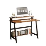 YQ JENMW 31.5 Inch Small Desk, Small Computer Desk for Small Spaces, Modern Writing Table with Monitor Storage Shelf, Compact Laptop Desk for Home Office and Study, Brown