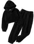 Arshiner Girls 2 Piece Outfits Long Sleeve Ear Hooded Sweatshirt and Sweatpants Set Kids Fuzzy Tracksuit Black 7-8Y