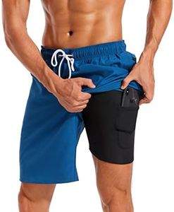 difficort Mens Swimming Trunks with Compression Liner Quick Dry Swimwear Beach Shorts with Zipper Pockets,Peacock Blue,Small