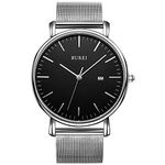 BUREI Men's Fashion Minimalist Wrist Watch Analog Date with Stainless Steel Mesh Band (Black Silver)