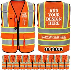 Custom Safety Vest with Logo, Hi-Vis Reflective Work Vest with Pockets, Design Your Personalized Protective Workwear (Orange-10 Pack, 5XL)