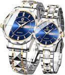 yunanwa Valentines Couple Pair Watches Men and Women Luminous Calendar Waterproof Gold Silver Stainless Steel Quartz Watch Blue Face his and Hers Watches Set Lovers Set of 2, Blue, Modern