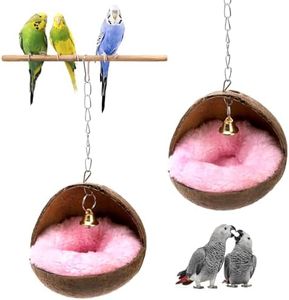 ZENFUN 2 Packs Coconut Bird Nest, Parrot Coco House with Warm Mat, Bird Cage Hanging Toy, Natural Wood Resting Breeding Place for Parakeet, Cockatiel, Budgies