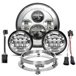 Dot Appoved Chrome 7inch LED Headlight with 4.5inch Matching Chrome Passing Lamps Compatible with H arley Motorcycles with Adapter Ring and wire adapter