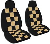 Totally Covers Checkered Car Seat Covers w 2 Separate Headrest Covers: Black & Tan Checkers - Universal Fit - Front - Buckets - Option for Airbag/Seat Belt/Armrest Compatible