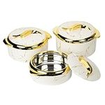 Hywisnok Luxury 3-Piece 1.4/1.8/2.3qt Thermal Casserole Dish Set with Lids, Insulated Stainless Steel Container for Hot & Cold Food, Serving Bowl for Buffets/Parties-Marble White