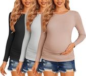 Ekouaer Maternity Shirts 3 Packs Women Long Sleeve Pregnancy Tee Tops Tunic Blouse Ribbed Side Ruched Mama Clothes S-XXL