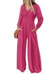 Tanou 2024 Women's Long Sleeve One Piece Smocked Jumpsuits Fall Casual V Neck Rompers with Pockets Rose Red S