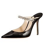 MIRAAZZURRA Women Heeled Mules Rhinestone Strappy Pointed Toe Mules Stiletto High Heels Slip On Bridal Sandals for Women, Black 10cm, 6.5 UK