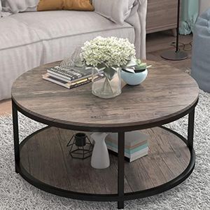 Round Coffee Table, 36" Coffee Table for Living Room, 2-Tier Rustic Wood Desktop with Storage Shelf Modern Design Accent Center Table Industrial Sofa Table Home Furniture(Deep Walnut)