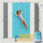 MoKo Sandproof Beach Blanket, 118" x 118" Extra Large Beach Mat for Adults with 10 Stakes & 4 Corner Pockets, Quick Drying Picnic Mat for Beach Travel Camping Hiking, Mint Green & White & Gray